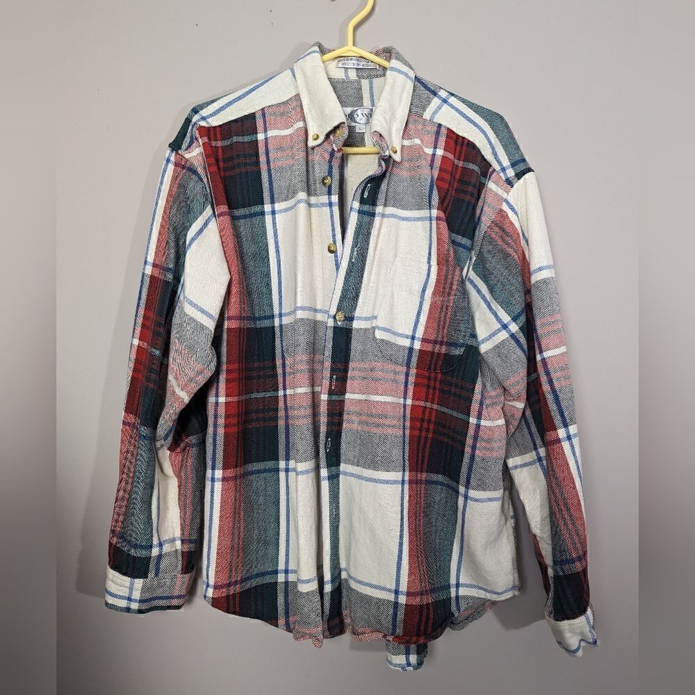 Vintage flannel shirt plaid, cotton green red cream
